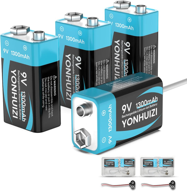 YONHUIZI 4-Pack 1300mAh Rechargeable 9V Batteries, 9 Volt Lithium-ion Square Battery Long Lasting