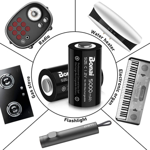 BONAI Rechargeable C Batteries, 5000mAh 1.2V Ni-MH High Capacity C Size Battery (4 Pack)