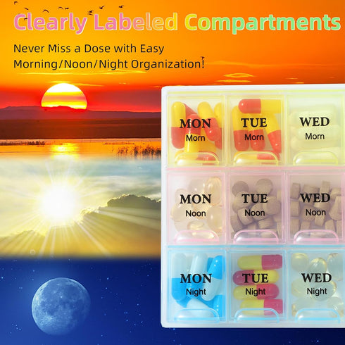JedJadr 7 3 3 7 3X Day Pill Organizer Times a Day, Morning noon and Night Pill Box, Weekly Pill Organizer Times a Day