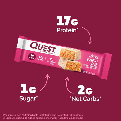 Quest Nutrition Crispy Birthday Cake Hero Protein Bar - 17g Protein, 1g Sugar, Gluten Free, Keto Friendly - 12 Count