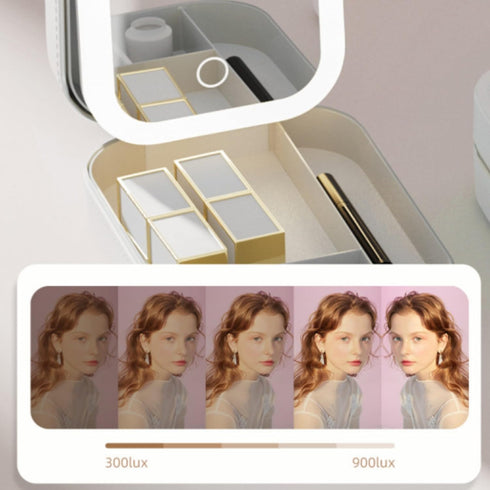 LED Three-Color Adjustable Makeup Mirror, Portable Rechargeable Organizer with Lights, Waterproof Jewelry Box