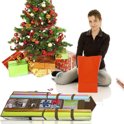 ProPik Hanging Double Sided Wrapping Paper Storage Organizer with Multiple Pockets, 40"X17" Clear PVC Bag (Brown)