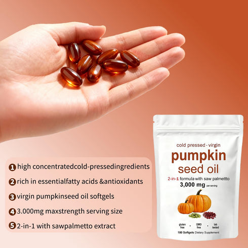 KITABIO 3000mg 180 SoftgelsN-1 Pumpkin Seed Oil, Pumpkin Seed Oil Capsules with Saw Palmetto | Cold Pressed | for Hair