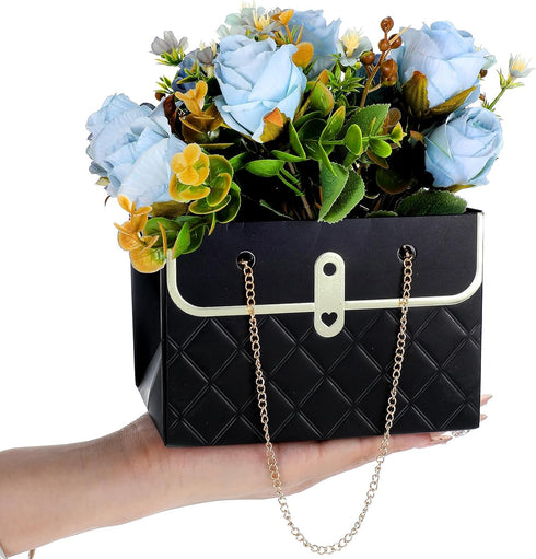 mekueeex 24 Pack Flower Paper Gift Bag, Bouquet Portable Flower Handbag Box with Metal Chain, Rectangle Wedding Gift