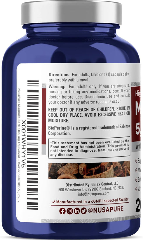 NusaPure Magnolia Bark 5000 mg - 200 Vegan Vegetarian Caps, Non-GMO
