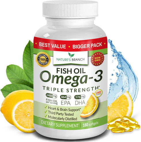 Best Triple Strength Omega 3 Fish Oil Pills - 180 Capsules, 2400mg High Potency Burpless Lemon Flavor for Heart Health