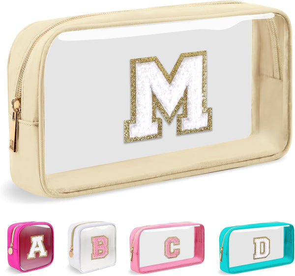 Small Clear Personalized Initial Makeup Bag, Nylon Preppy A-Z Chenille Letter Patch Cosmetic Pouch (Beige-White M)