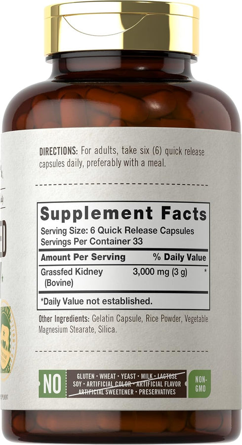 Carlyle Grass Fed Beef Kidney Supplement | 200 Capsules | 3000mg | Pasture Raised Desiccated Bovine Supplement | Hormone and Pesticide Free | Non-GMO, Gluten Free | by Herbage Farmstead