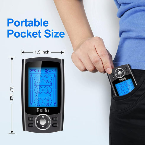 Belifu Dual Channel TENS EMS Unit - 24 Modes Muscle Stimulator for Pain Relief Therapy with 10 Pads
