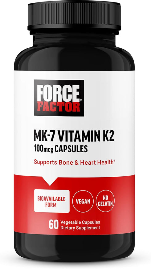FORCE FACTOR MK-7 Vitamin K2 100mcg, Bone Support Supplements for Women and Men, 60 Vegetable Capsules