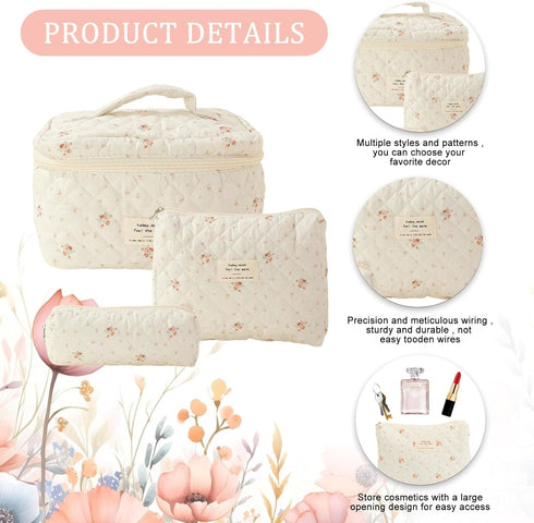 3Pcs Floral Quilted Makeup Bag Set, Aesthetic Large Capacity Travel Bags