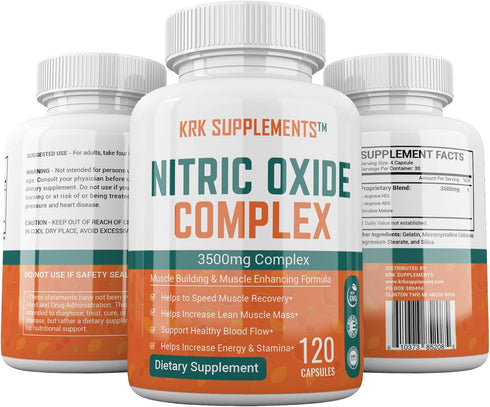 2 Bottles Nitric Oxide Complex - 3500mg L-Arginine HCL, AAKG, AKG, Citrulline Malate, 240 Total Capsules