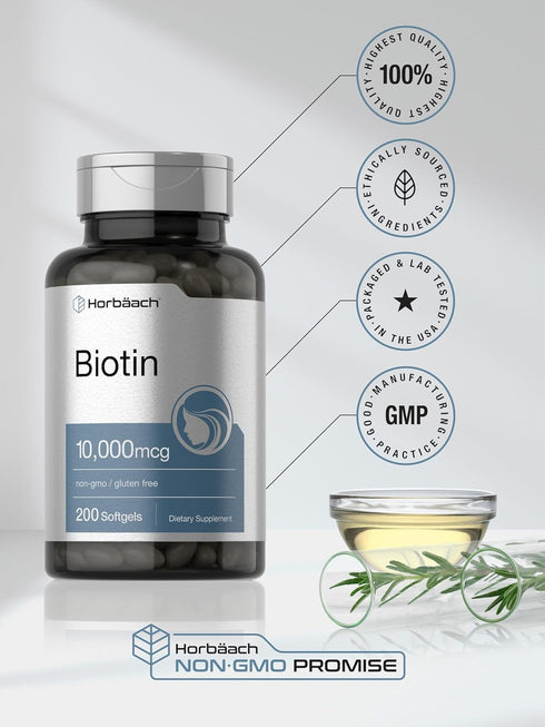Horbaach Biotin 10000 mcg | 200 Softgels | Vitamin B7 Supplement, Non-GMO & Gluten Free