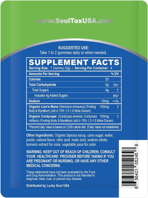 Soultox Focus Lion's Mane Gummies, Single Pack | Citrus Flavor Vegan Formulation with Organic Lions Mane and Cordyceps