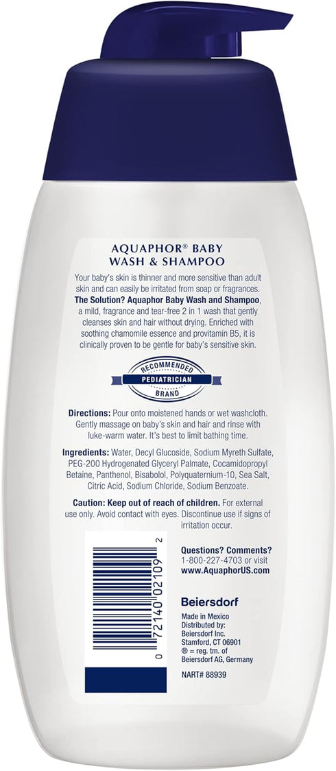 Aquaphor Baby Wash and Shampoo - Mild, Tear-Free 2-in-1 Solution for Baby’s Sensitive Skin, 16.9 fl oz