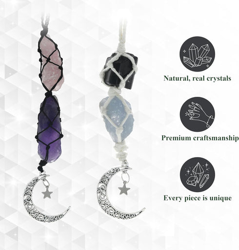 BOHO GARDEN Hanging Car Charm | 2-Pack Rose Quartz & Amethyst + Black Tourmaline & Blue Calcite