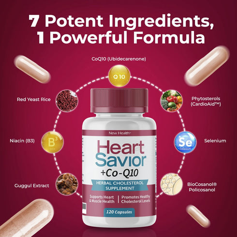 Mountain Health CoQ10, 7-Ingredient (120 HeartSavior Natural Cholesterol Support Supplement with Red Yeast Rice, Plant