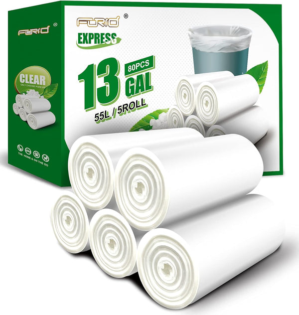 FORID 13 Gallon Clear Plastic Trash Bags, Unscented Tall Medium Can Liners, 80 Counts, 5 Rolls