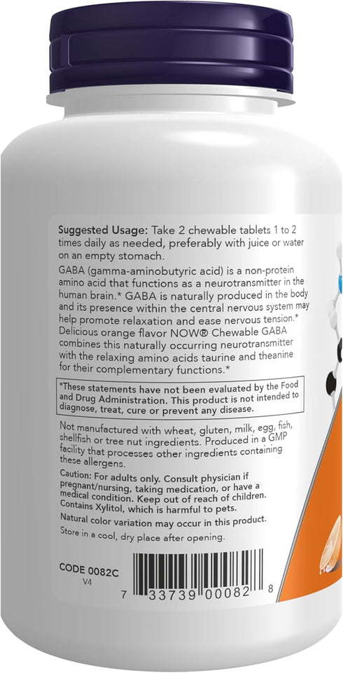 NOW Supplements, GABA (Gamma-Aminobutyric Acid), Neurotransmitter Support, Orange Flavor, 90 Chewables