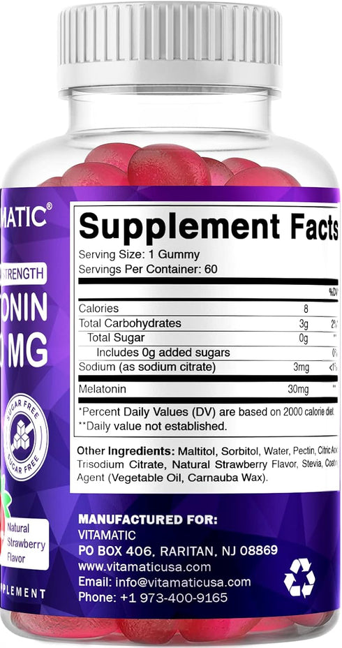 Vitamatic Sugar Free Melatonin 30mg per gummy, 60 Vegetarian Gummies, Non-Habit Forming Supplement