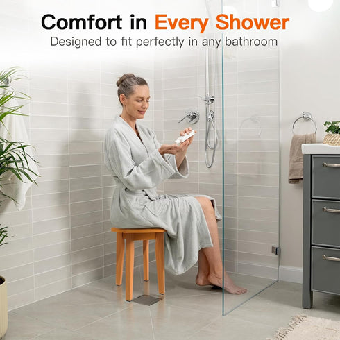 16 Inch Round Bamboo Waterproof Shower Bathroom Stool Chair, Duty Wooden Bath Corner Shaving Legs Bench Seat (Honey