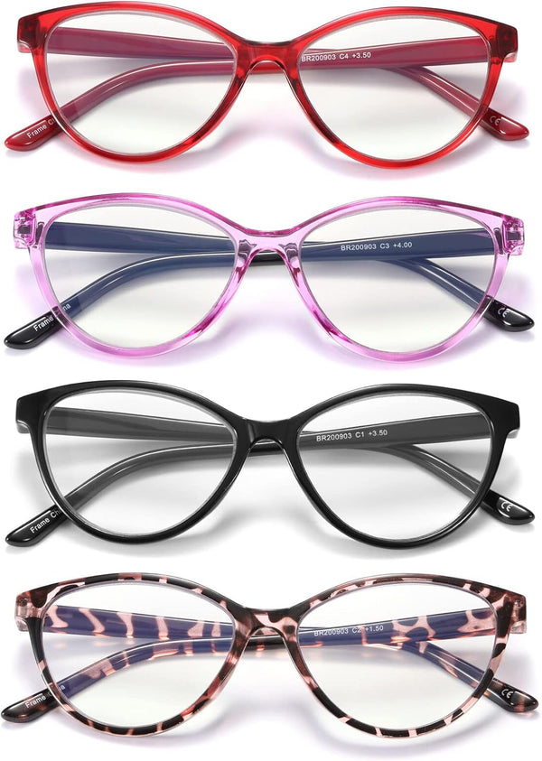 4 Pack Reading Glasses - Blue Light Blocking for Women, Designer Cat Eye Frame Anti Glare/UV Ray Eyeglasses (1.5)