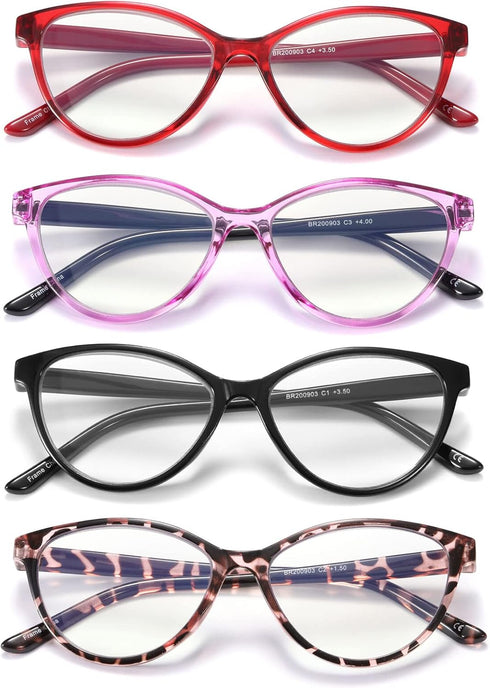 4 Pack Blue Light Blocking Reading Glasses for Women, Designer Cat Eye Frame, Anti Glare/UV Ray, 1.25