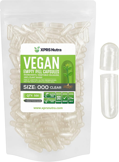 XPRS Nutra Vegan Size 000 Empty Capsules, 500 Count, Clear Empty Vegan Pill Capsules for DIY Filling