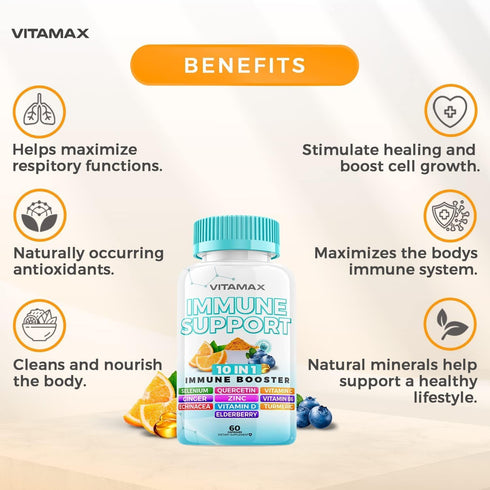 10-in-1 Immune System Support Booster - Elderberry, D3, Selenium, Quercetin, Zinc, Vitamin C & More - 60 Count
