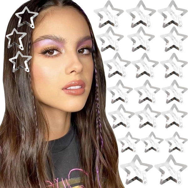 NAISKA 1.65" Star Hair Clips - 20PCS Silver Y2K Non Slip Hair Pins, Snap Hair Barrettes for Girls and Women
