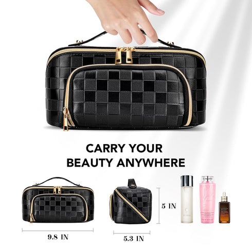 stona Travel Makeup Bag for Women, Large Capacity PU Leather Waterproof Checkered Cosmetic Bags, Portable Pouch Open Flat Toiletry Bag, Make up Organizer with Divider and Handle, Black