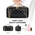 stona Travel Makeup Bag for Women, Large Capacity PU Leather Waterproof Checkered Cosmetic Bags, Portable Pouch Open Flat Toiletry Bag, Make up Organizer with Divider and Handle, Black