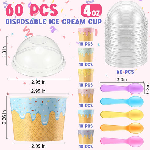 Jingmore 60 Set 4oz Ice Cream Paper Cups with Lids and Spoons, Disposable Sundae Bowls, Dessert Cups for Birthday Party