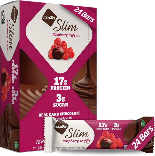 NuGo Slim Dark Chocolate Raspberry Truffle, 17g Protein, 24 Count, Low Net Carb, Keto Friendly