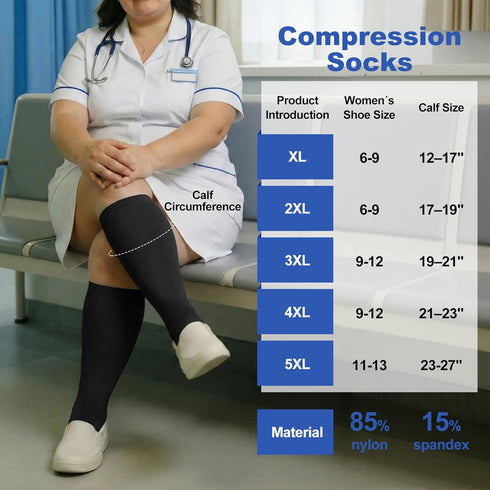 L/XL-5XL (15-20mmhg) Plus Size Compression Socks for Women Men Wide Calf Knee High Socks Support Compression Stockings