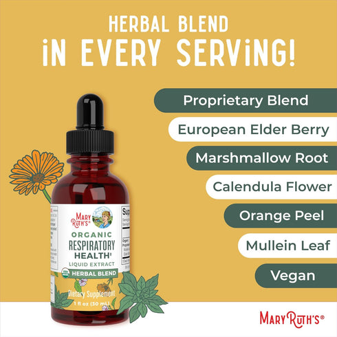 MaryRuth Organics USDA Organic Respiratory Health Liquid Drops with Mullein Leaf, Marshmallow Root & Elderberry - 1 Fl
