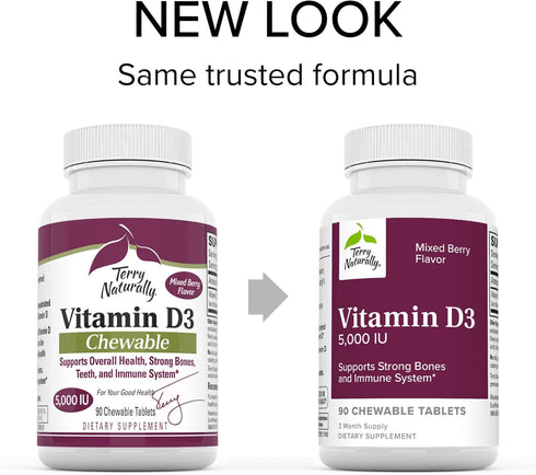 Terry Naturally Vitamin D3 5,000 IU - 90 Chewable Tablets, Mixed Berry Flavor, Non-GMO, Gluten Free