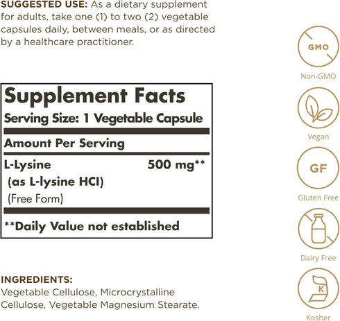 SOLGAR L-Lysine 500 mg, 100 Vegetable Capsules, Pack of 3, Non-GMO, Vegan, Gluten Free