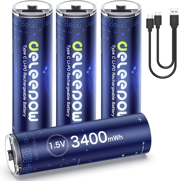 Deleepow 3400mWh Rechargeable AA Lithium Batteries 1500 Cycle with USB C Cable, 4-Pack