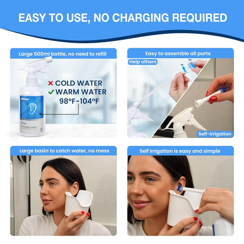 Ear Wax Removal Kit - 500ml Spray Bottle, Big Basin & 20 Reusable Tips - Safe & Effective Earwax Remover for Family