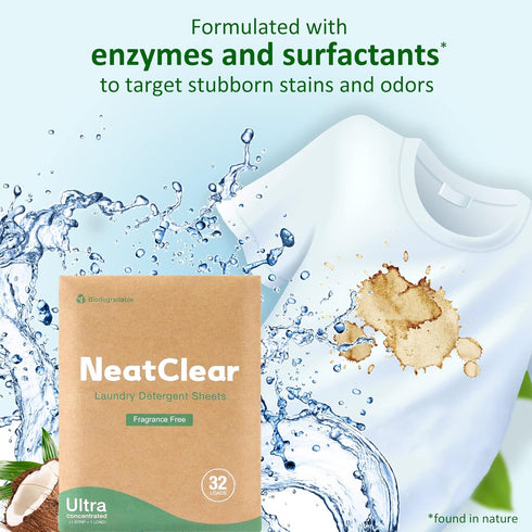 Eco Laundry Detergent Sheets - Fragrance Free Liquidless Soap Sheets (32 Loads) - Plastic Free, Eco Friendly NeatClear