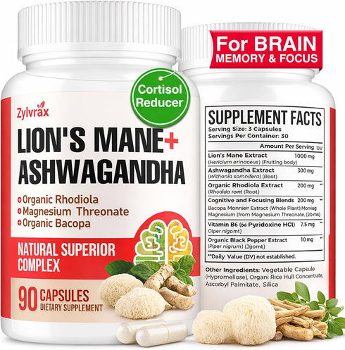 Zylvrax Ashwagandha & Lions Mane Supplements Capsules, Brain Supplements for Memory and Focus,
