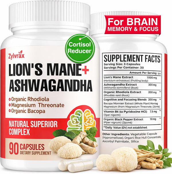 Zylvrax Ashwagandha & Lions Mane Supplements Capsules, Brain Supplements for Memory and Focus,