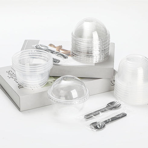 Jingmore 150 Pack 8.45 oz Fruit Cups with Lid Clear Plastic Cups with Dome Lids and Spoons Business Clear Dessert Mini