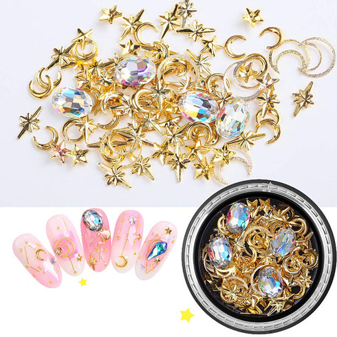 SILPECWEE 3D Nail Rhinestones and Studs Set, 6 Boxes, Gold Nail Rivets, Clear Nail Jewelry Decorations