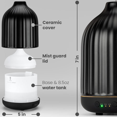 MALM (250ml) Ceramic Diffuser - Essential Oil Diffuser Black - Aromatherapy Diffuser - Non Toxic Oil Diffuser for Home