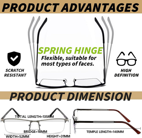 JJWELL 3 Pack Blue Light Reading Glasses for Men, Lightweight Metal Rectangle Semi Rimless Anti Eyestrain Eyeglasses