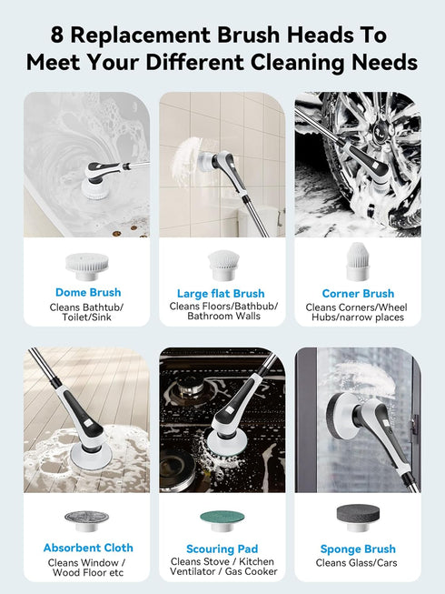 Electric Spin Scrubber, Cordless Cleaning Brush with Power Display, IP68 Waterproof, 8 Replaceable Brush Heads
