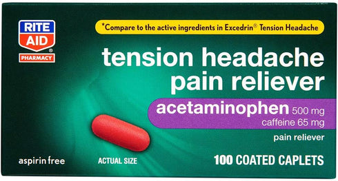Rite Aid Tension Headache Pain Reliever, Acetaminophen 500 mg, 100 Coated Caplets | Extra Strength Pain Relief Pills,