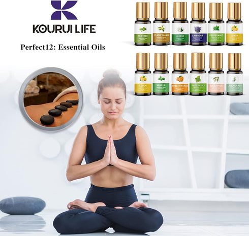 KOURUILIFE Set, 100% (12) Essential Oils Organic Essential Oil, Lavender, Ylang Ylang, Tea Tree, Eucalyptus Scented